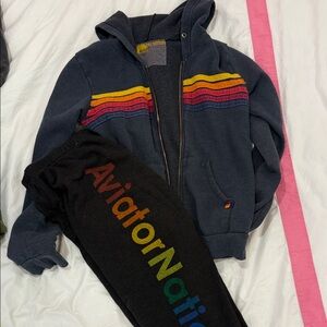 Aviator Nation Navy Hoodie and Black Sweatpants rainbow